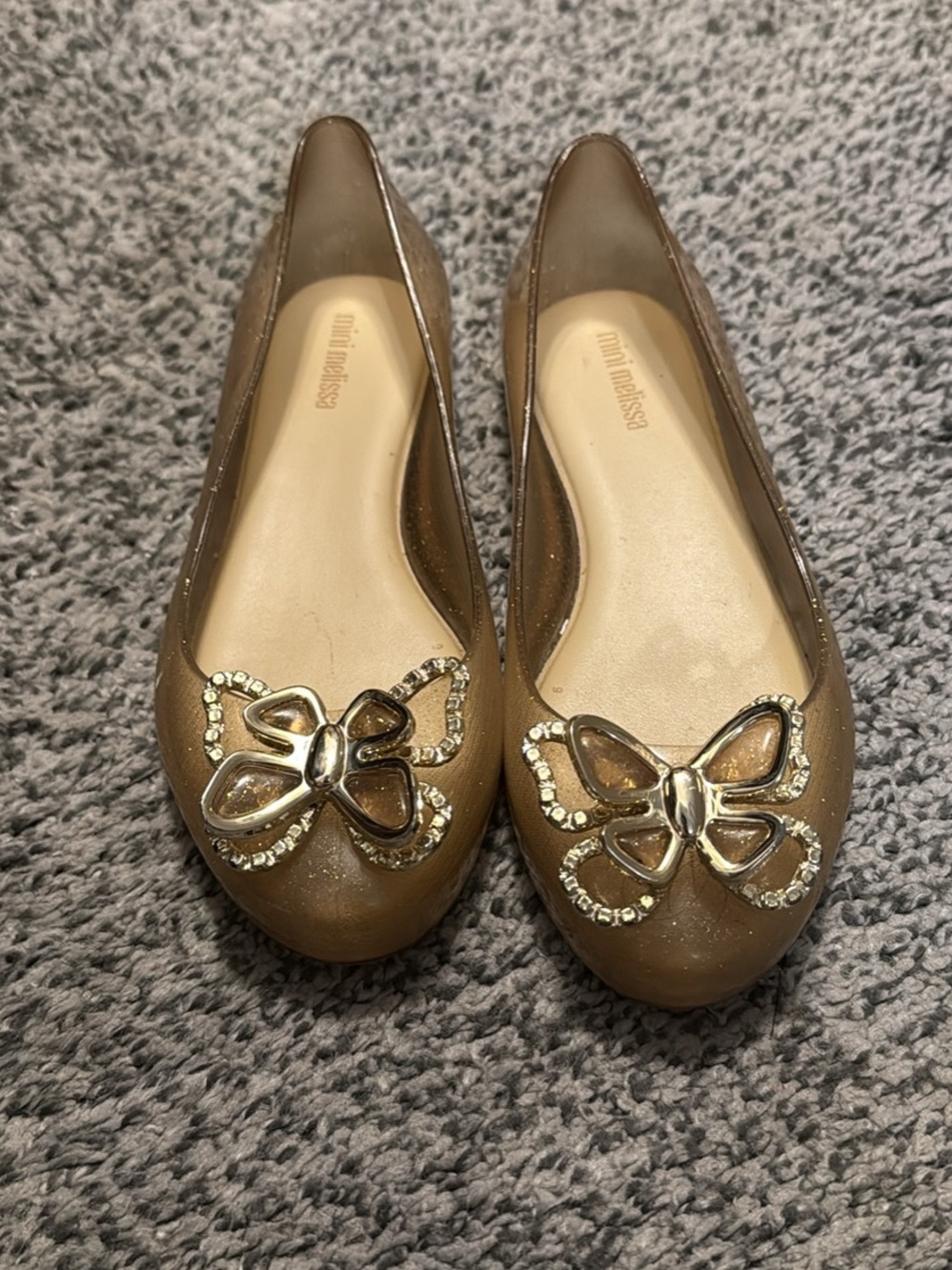 Mini Melissa Metallic Bronze Jelly Ballet Flats with Rhinestone Butterfly Accent